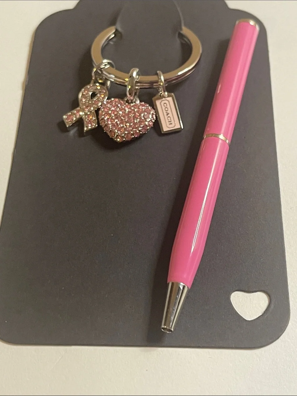 COACH Pink Heart & Ribbon Crystal Keyring and Coach Pen